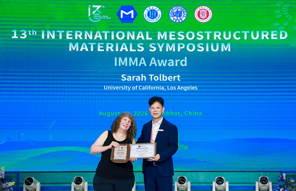 Professor Sarah Tolbert received the 2026 IMMA Award at the 13th International Mesostructured Materials Symposium in China.